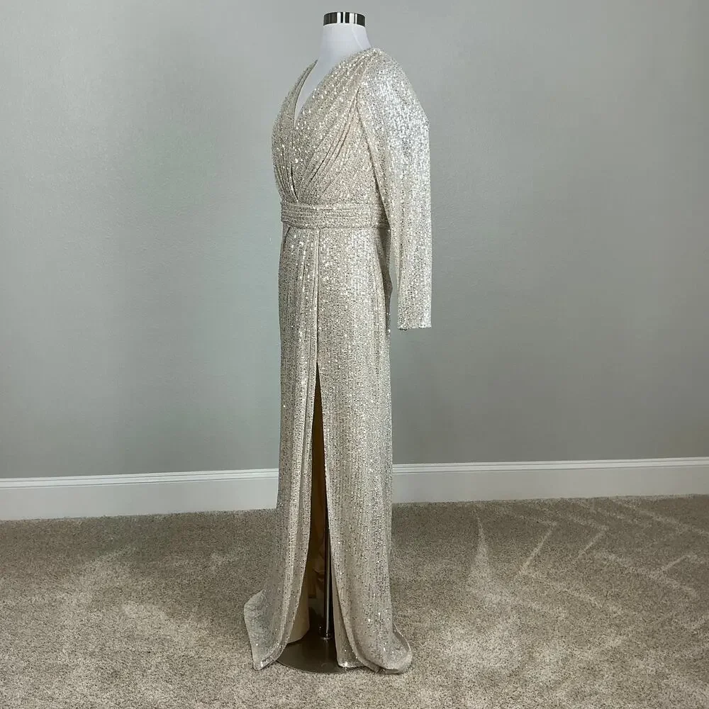 Mac Duggal 26490 Champagne Gold Evening Gown Sequined Long Sleeve Dress Size 16
